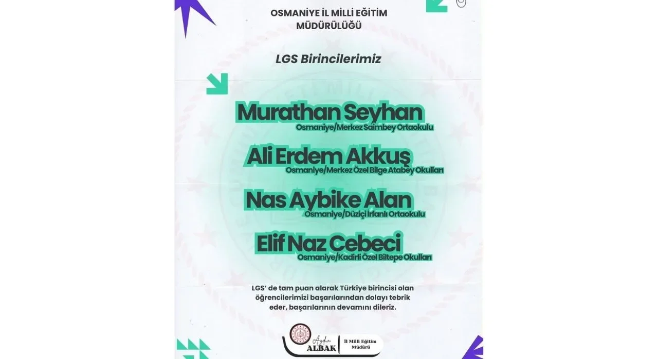 LGS 2025’te Osmaniye’den 4 Türkiye Birincisi Çıktı