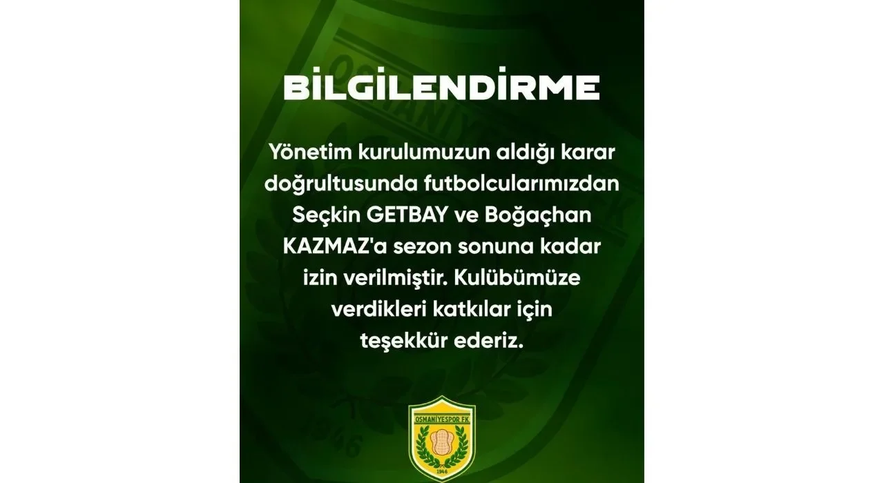Osmaniyespor’da İki İsme Sezon Sonu İzni
